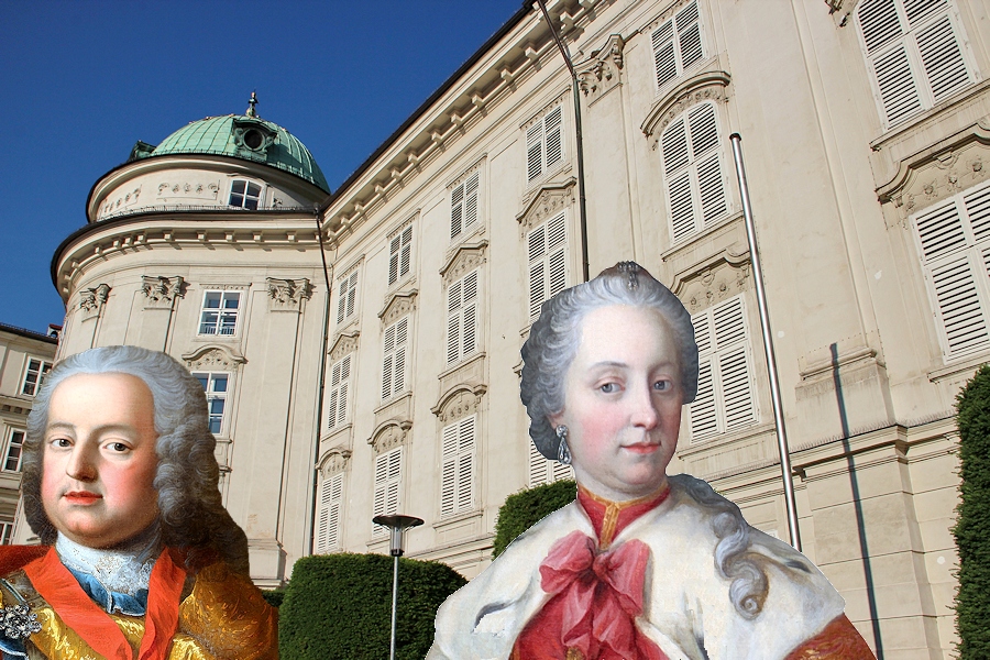Franz Stephan von Lothringen und Maria Theresia, im Hintergrund die Hofburg in Innsbruck (Herrscherpersonen Hofburg Innsbruck, BHÖ, Foto: A. Prock) Franz Stephan von Lothringen und Maria Theresia, im Hintergrund die Hofburg in Innsbruck (Herrscherpersonen Hofburg Innsbruck, BHÖ, Foto: A. Prock)